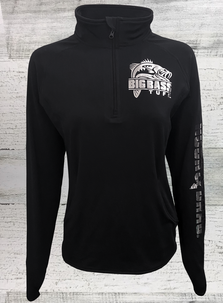 Big Bass Tuff Sport-Tek® Ladies Sport-Wick® Stretch 1/2-Zip Pullover - Black - with THUMB HOLES - Metallic Silver Print